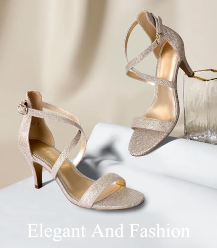 Image of Ankis Nude Gold Black Heels Strappy Heels for Women 3 Inch Stiletto Open Toe Sandals for Wedding Evening Party Homecoming