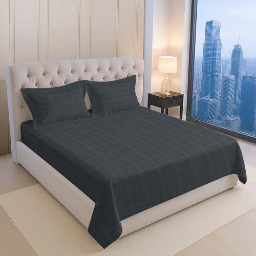 Image of Pizuna 100% Cotton Bedsheet Super King Size with 2 Pillow Covers, 300 Thread Count Long Staple Cotton, Checks Pattern Flat Bed Sheet 108X108 Inch for Superking Bed, Anthrazit-Grey