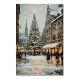 Yermidi Christmas Tree City Street Wall Art Snowy Town Scene Poster Vintage Holiday Canvas Print Winter Decor Rustic Farmhouse Xmas Pictures Painting Decoration for Living Room Home 8x12inch Unframed