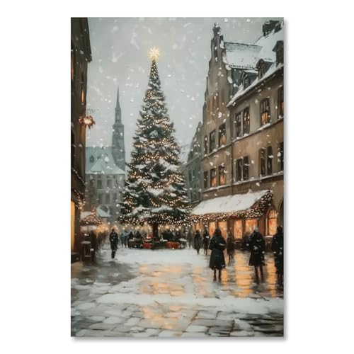 Ripiyome Christmas City Square Wall Art Vintage Snowy Winter Street