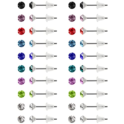 Kurtzy 20 Paires Boucle d’Oreille Clou Rond en Zirconium avec Boîte - 4 mm - 9 Couleurs de Pierres Naissance, Acier Inoxydable avec Embouts en Caoutchouc Souple -...