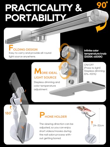 STOLAS Nail Tech Lamp for Desk, 4000K-6000K Dimmable LED Manicure Lamp, Desk Light for Nail Tech-Silver