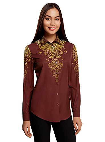 oodji Collection Femme Chemisier Droit avec Imprimé, Rouge, FR 38 / S