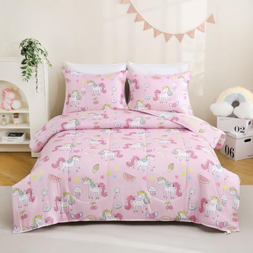 Image of Yibeizi Pink Unicorn Bed Comforter Set for Girls Full Size Bedding
