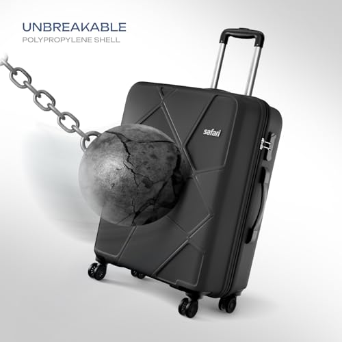 Image of Safari Pentagon Pro 8 Wheels Checkin Trolley Bag, Hard Case Polypropylene 360º Wheeling Luggage for Men & Women, Suitcase for Travel, Black, 66Cm Medium Size