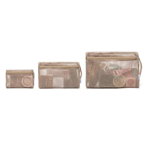 NOL Natural Organic Lifestyle 3-Pack Mesh Travel Toiletry Bags - Clear Zipper Travel Organizer Airport Carry-On Compliant Reusable Cosmetic Makeup Bag for Women & Men (Khaki)