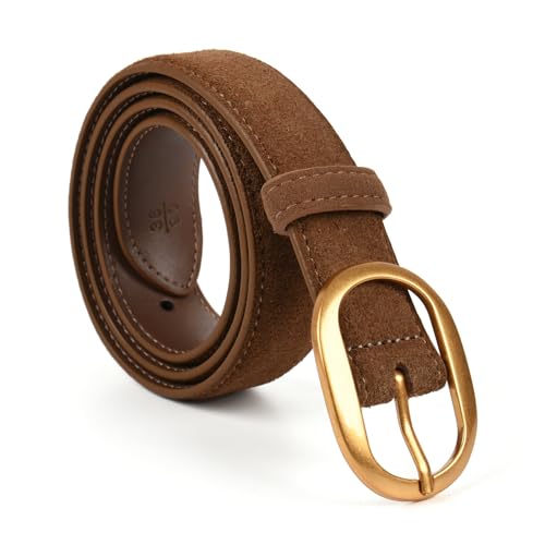 Valleycomfy Womens Leather Suede Waist Belt for Casual Dress Jeans Ladies with Gold Buckle Brown 36-40