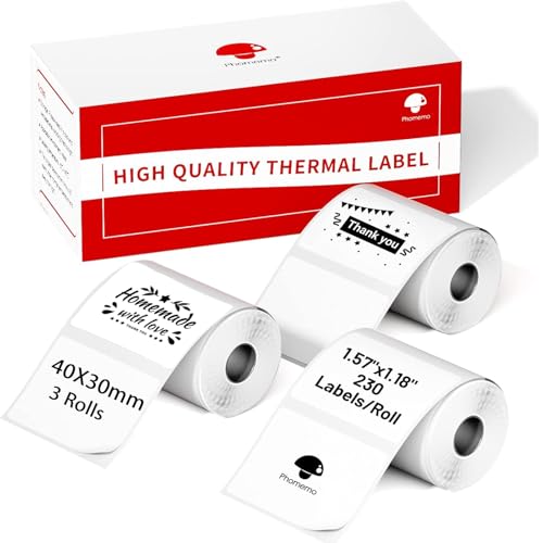 Phomemo Labels M110 Thermal Label Self-Adhesive Sticker Paper 1.57"x1.18"(40x30mm) 3 Rolls/690 Pcs, Multi-Purpose Name Labels for M110 M220 M221 M250 M260 M100 Printer for Barcode Address Kids School