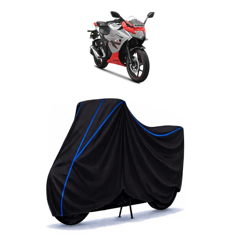 Image of Suzuki Gixxer SF Bike Cover Water Resistant Universal Motorcycle Rain | Heavy Duty UV Protection, Dust, Scratch Indoor Outdoor All Weather with Black Blue Piping Elastic