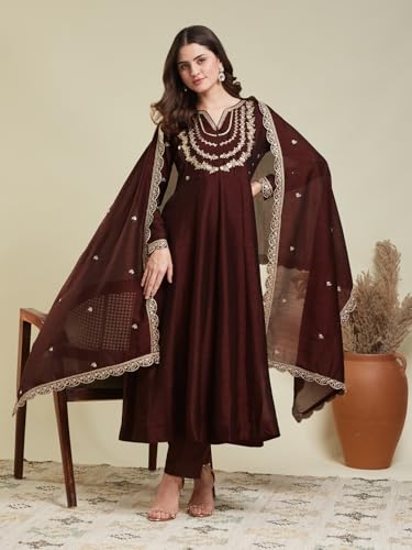 Image of MOKOSH Women's Silk Embroidery Anarkali Kurta Pant with Dupatta | Women's Anarkali Kurta Set | 3 Piece Ethnic Outfit with Dupatta | Round Neck Full Sleeve