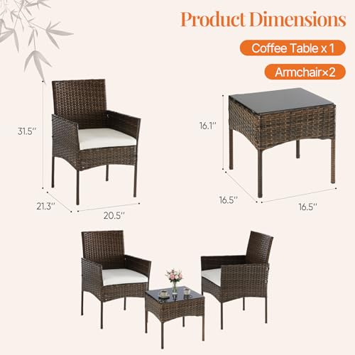 Sweetcrispy 3 Piece Patio Furniture Set, All-Weather Outdoor Conversation with Removable Cushions & Tempered Glass Table, Small Wicker Bistro Set for Balcony, Porch, Backyard, Deck, Brown - Image 5