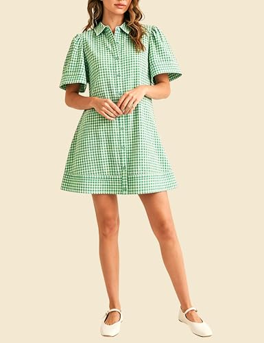 Image of Womens Short Sleeve Button Down Mini Shirt Dress Lapel Collar Short Dresses with Pocket