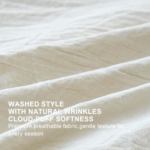 Image of Beige Ruffle Comforter Set King, Pre-Washed Shabby Chic Bedding Set, Lightweight Cottagecore Soft Romantic Cozy 1 Comforter & 2 Shams, All-Season