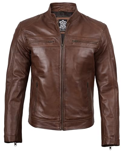 Image of fjackets Mens Leather Jacket - Real Lambskin Cafe Racer Moto Biker Stand Collar Jacket