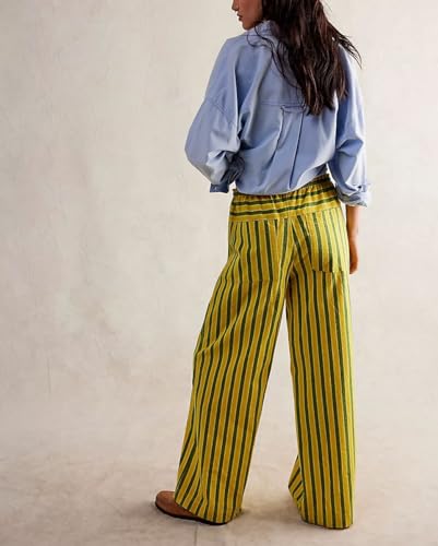 chouyatou Women's Vertical Striped Wide Leg Pants Drawstring Elastic Waist Palazzo Pants with Pockets4