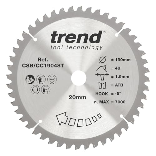 Trend Wood Cordless Mitre Saw Blade, 190mm Diameter, 20mm Bore, 48 Teeth, 1.9mm Kerf, -5° Hook, TCT, Fine Finish, CSB/CC19048T
