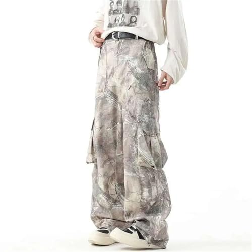 Men's Niche Design Denim Trousers Leaf Printing Big Pockets Drawstring Straight Leg Jeans Pants3