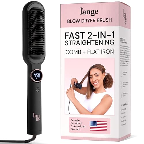 LANGE HAIR Smooth It 2-in-1 Hair Straightener Brush with Digital Temperature Dial Up to 450F | Frizz Control Straightening Comb | Quick Styling Hot Brush for All Hair Types | Auto Shut-Off | Black