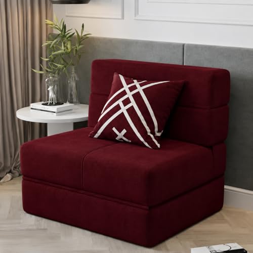 Image of Foldable One Seater Sofa Bed 3 x 6 Ft Jute Fabric Washable Cover Convertible Sofa Bed for Living Room & Office, Guest Room (Finish Color - Wine - Pre-Assembled)