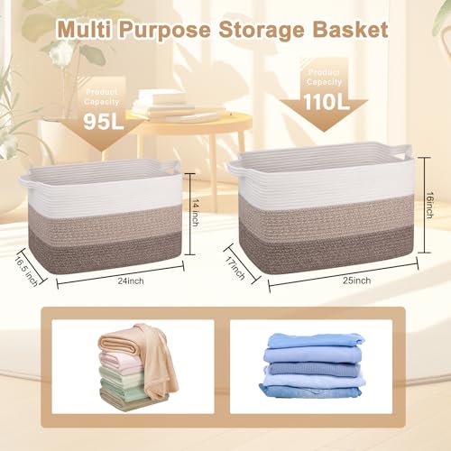 Image of OIAHOMY Extra Large Blanket Basket, 110L Cotton Rope Woven Laundry Basket, Toy Bin for Baby Room, Container for Blanket Storage in Living Room, 24.8''x17.3''x15.8'', Gradient Brown