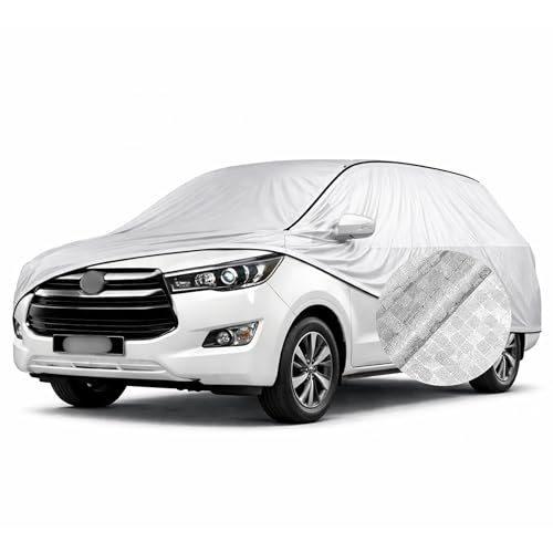 Image of SEAZEN Waterproof Car Cover for Toyota Innova Crysta | Dustproof, UV & Scratch Resistant Soft Cotton Lining | Triple Stitched, Mirror Pockets & Elastic Hem | Metallic Silver with Black Piping