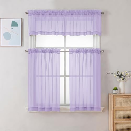 Image of Chyhomenyc Lilac Sheer Valances for Windows - Light Filtering Small Kitchen Curtains, Rod Pocket Short Top Window Treatment Decor for Living Room Bathroom Basement, 42Wx16L inches, 2 Panels