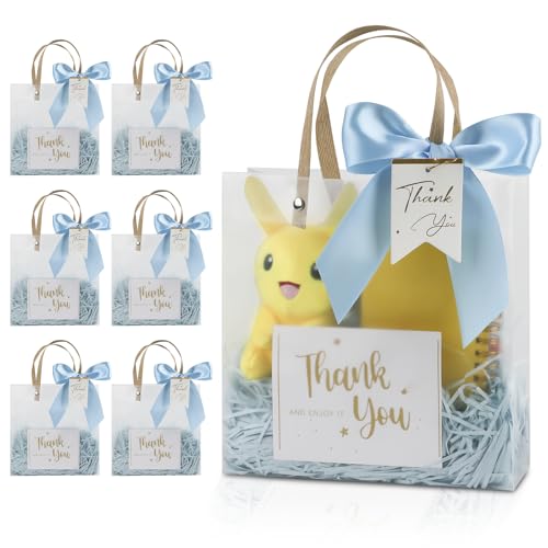 Sopoloray 12 Pack Clear Plastic Gift Bags with Handles,7.9x3.2x7.9 Inch Party Favor Bags with Ribbons Raffia Paper Tags Cards,Reusable Plastic Gift Wrap Bags for Wedding Birthday Baby Shower(Blue)
