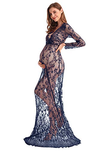 AYMENII Boudoir - Vestido de encaje de manga larga para maternidad, vestido de baño con leche, vestido de sesión de fotos, vestido sexy para mujer con cuello en V profundo, Azul marino, Medium