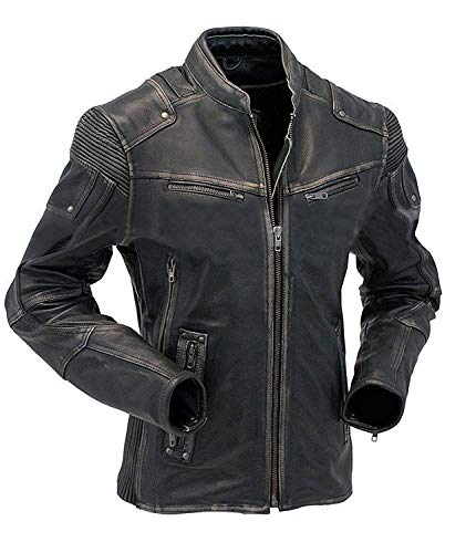 Image of Men's Leather Jacket Cafe Racer Biker Style Retro Stripes Jacket, Motorcycle Racing Leather Jacket Men