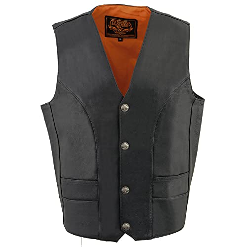 Milwaukee Leather ML1368 Men's Black Premium Leather V-Neck Motorcycle Rider Vest w/Buffalo Nickel Snaps Closure - 56