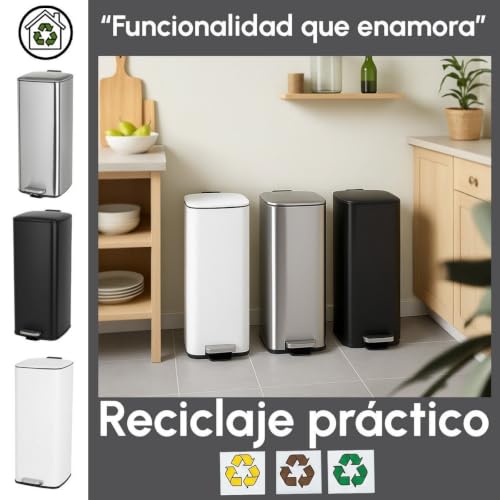 Miniatura 5 de Casaselección Cubo De Basura De 30 Litros De Acero Inoxidable Negro De 37x27x65 Cm. Papelera Con Cubo Interior Extraíble De Polipropileno Con Asa Y Apertura Con Pedal