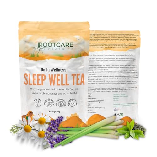 Image of Rootcare Organics Sleep Well Tea | Herbal Tea with Green Tea, Chamomile, Lavender & Lemongrass | Promotes Better Sleep & Reduces Stress | Supports Digestion | 100% Natural | 100g Pack Of 1 Month