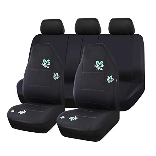 CAR-GRAND Pretty Butterfly Universal Fit High Back Full Set Car Seat Covers,Airbag Compatible,Zipper Design,Fit for suvs,sedans,Vans,Cars(Black with Mint)