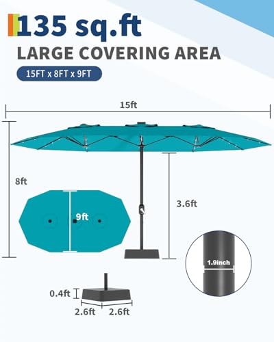 15FT Large Patio Umbrella with Base and Solar Lights, Double-Sided Rectangle Umbrella Oversized Shade for 8-10 People,36 LED Lights and Weighted Base for Pool, Deck, Backyard