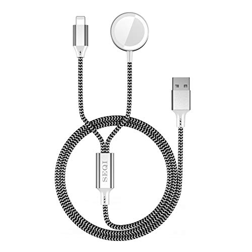 SEQI Watch Charger, 2 in 1 Magnetic Wireless Charger, Nylon-Braided Charger Cable Compatible for Apple Watch Series 1-6/SE, for iPhone 12/11/X, for iPad and for AirPods (Black)
