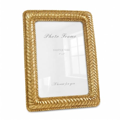 Cuspin 4x6 Gold Picture Frame, Vintage Decorative Rattan Resin Photo Frame