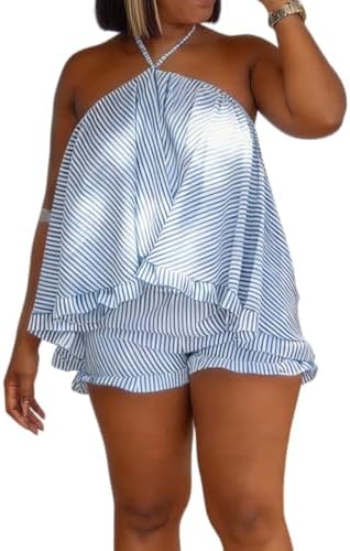 LROSEY Summer Women 2 Piece Outfits Casual Striped Shorts Sets Sl...