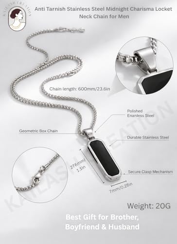 Image of Men's Stainless Steel Pendant Chain | Anti-Tarnish Silver Geometric Pendant Chain with Black Enamel Locket | Premium Stylish Neck Chain for Boys & Men | Durable Daily Wear Jewellery Gift for brother, Boyfriend and Husband