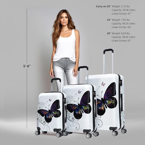 Image of InUSA Butterfly Print Luggage with Spinner Wheels | Durable Lightweight Hardside Suitcase | Travel Bag with Handle and Trolley | (20in, 24in, 28in) 3 Piece Set