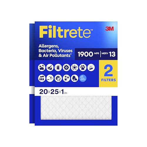 Filtrete 20x25x1 Air Filter, MERV 13 MPR 1900, Allergens, Bacteria, Viruses & Air Pollutants, 3-Month AC/Furnace Filters, Cleaner Air Reliable Airflow, 2 HVAC Filters(Act Size 19.62x24.62x0.78 in)