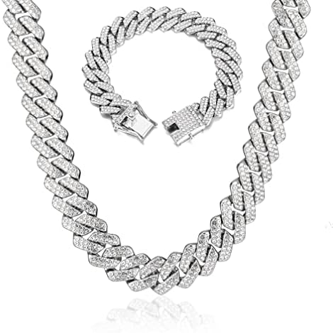 UILZ 2 Pcs Cuban Link Chain for Mens Women Iced Out Miami Cuban Necklace and Bracelet Hip Hop Bracelet Silver Plated Rhinestone CZ Clasp Chain Gift for Him 20"