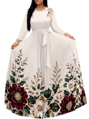 Image of Women Plus Size Long Sleeve V Neck Maxi Dress with Belt | Soft fabric relaxed fit three quarter sleeve v neck with pockets for party and daily wear