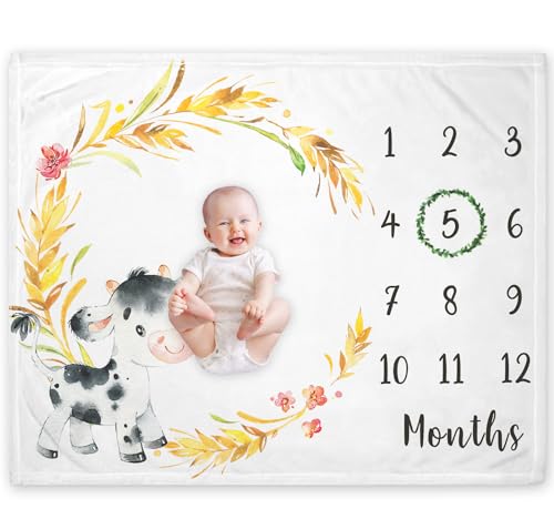 Image of Yuzioey Cow Milestone Blanket, Farm Animals Baby Growth Chart Monthly Blanket, Watch Me Grow Cow Baby Nursery for New Moms Shower(50 inchx40 inch)