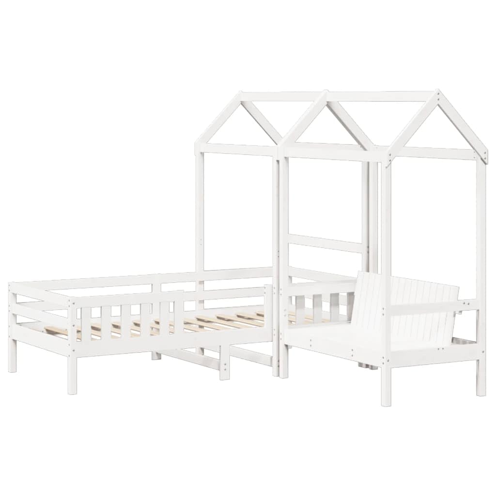 Giroletto Bianco con Panca e Tetto 80x200cm Legno Massello Pino Letto per Bambini con Sponde Schienale Telo Tenda per Cameretta Divertente Design Moderno