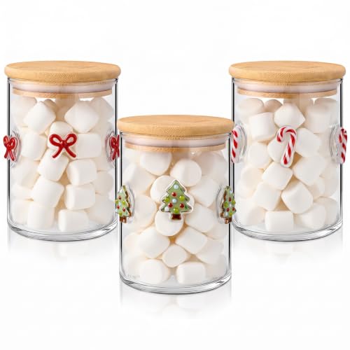 Reallnaive 3 Pcs Christmas Icon Glass Storage Jars with Airtight Bamboo Lid Christmas Tree Candy Cane Bow Icon Glass Jars Canister Set for Winter Xmas Home Kitchen Countertop