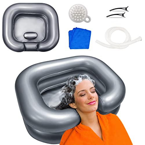 Portable Shampoo Bowl, Inflatable Hair Washing Sink Made for Handicapped, Bedridden, Kids, Seniors, Adjustable Strap, No Spills, Hair Washing Tray (Silver)