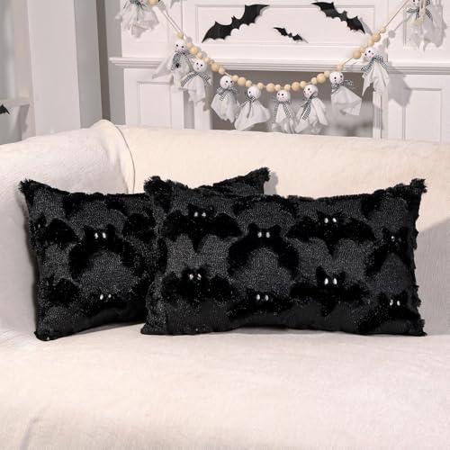 Heirloom Haven Halloween Bats Pillow Covers Set of 2 Black Bat Soft Plush Faux Fur Jacquard Couch Cushion Case Holiday Farmhouse for Sofa Home Decor 12x20 Inch