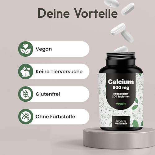 Calcium Tabletten Hochdosiert - 200 Tabletten - 800mg Kalzium pro Tag - Calziumtabletten Hochdosiert - vegan und produziert in Deutschland - Laborgeprüft - Verpackung kann variieren