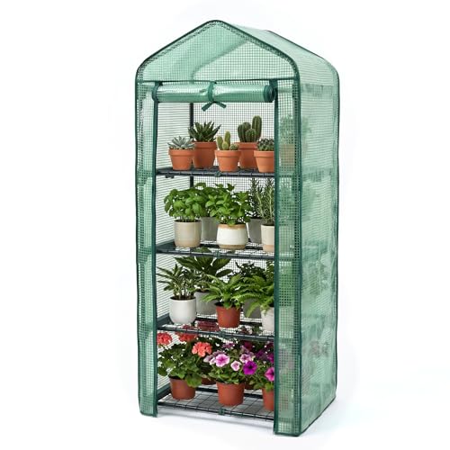 4 Tier Mini PE Greenhouse Portable Green Houses with 4 Shelves and Shed Metal Frame Weatherproof PE Plastic Cover & Roll up Zip Panel Door Outdoor & Indoor 50x45x158CM - Easy No Tool Assembly