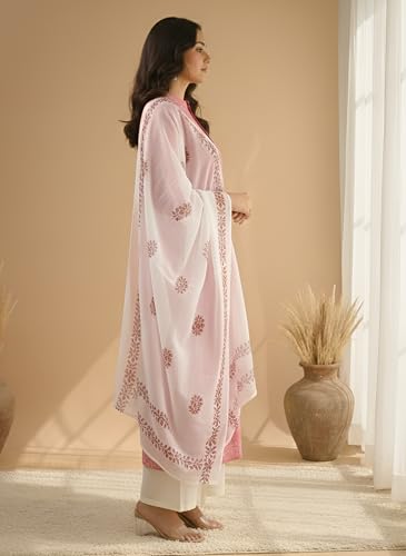 Image of Yash Gallery Women's Pure Cotton White Floral Rubber Print A-line Kurta Pant Set with Dupatta with Fancy Front Buttons, One Side Functional Pocket